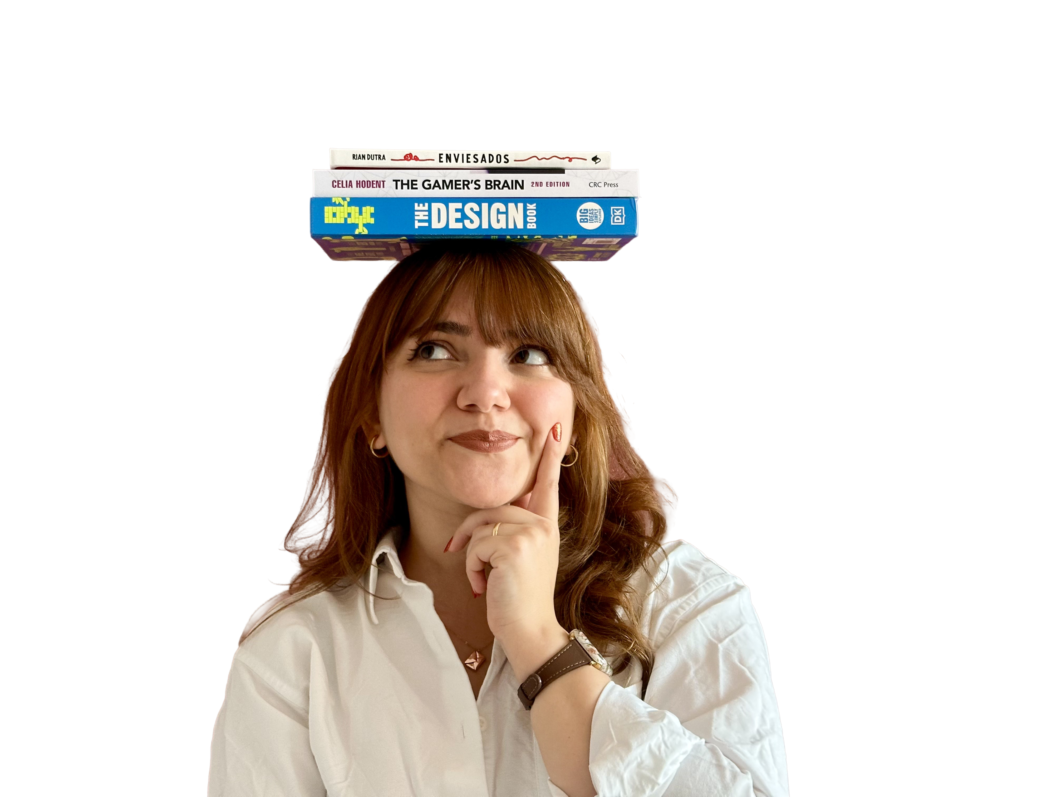Girl resting her face in her hand and looking up, balacing books of design over her head